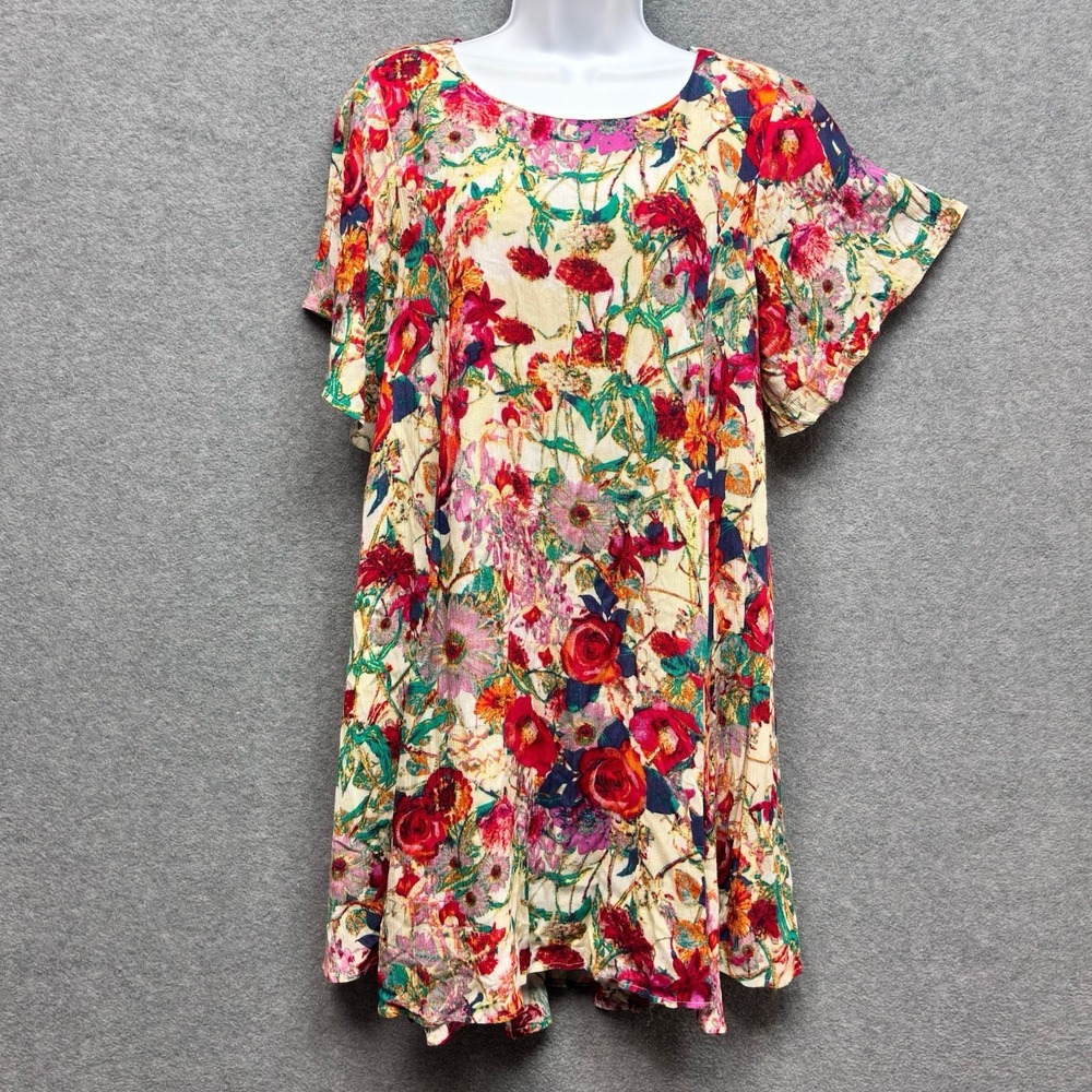She + Sky Floral Open Back Mini Shift Dress Size M Flutter Sleeve Cottage Flirty